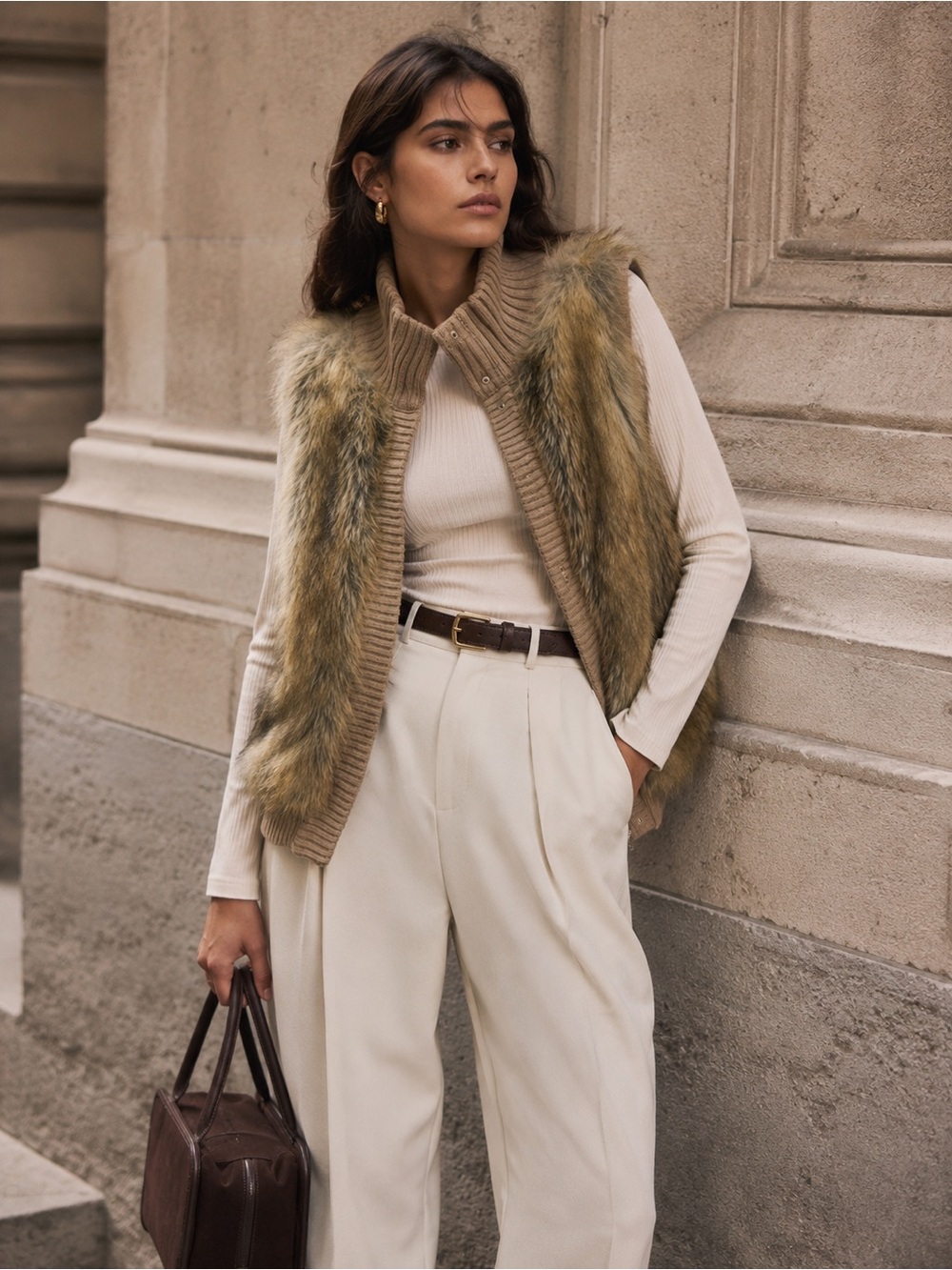 Michael Kors Faux Fur Trim Knit Vest XS Neutral Brown Taupe